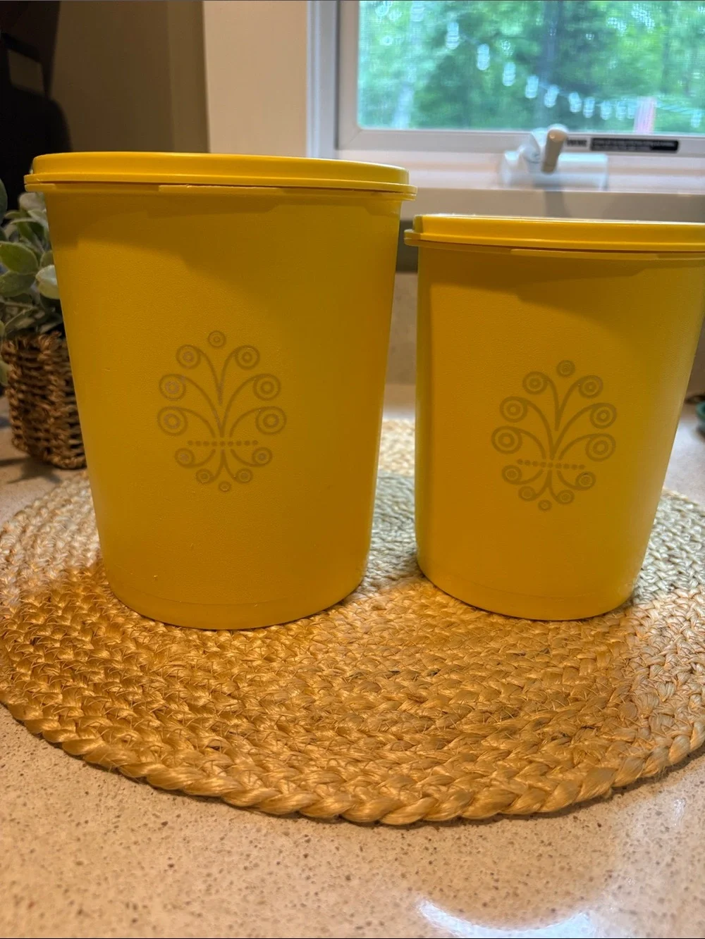 (2) Vintage Tupperware Yellow Servalier Canisters (809 and 811)